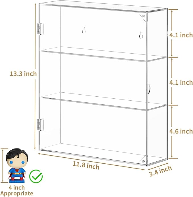 NIUBEE Acrylic Display Case, Clear Display Case for Funko Pop Figures, Wall Mounted or Desktop Dustproof Display Cabinet Box for Collectibles ,Rock,Crystals,Mini Toys,Amiibo (3 Tiers)