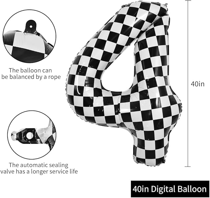 TONIFUL 40 Inch Checkered Number 4 Balloon 4th Race Car Birthday Party Supplies Black and White Large Number Balloon for Girls Boys 4th Birthday Fast Race Car Flag Party Decorations