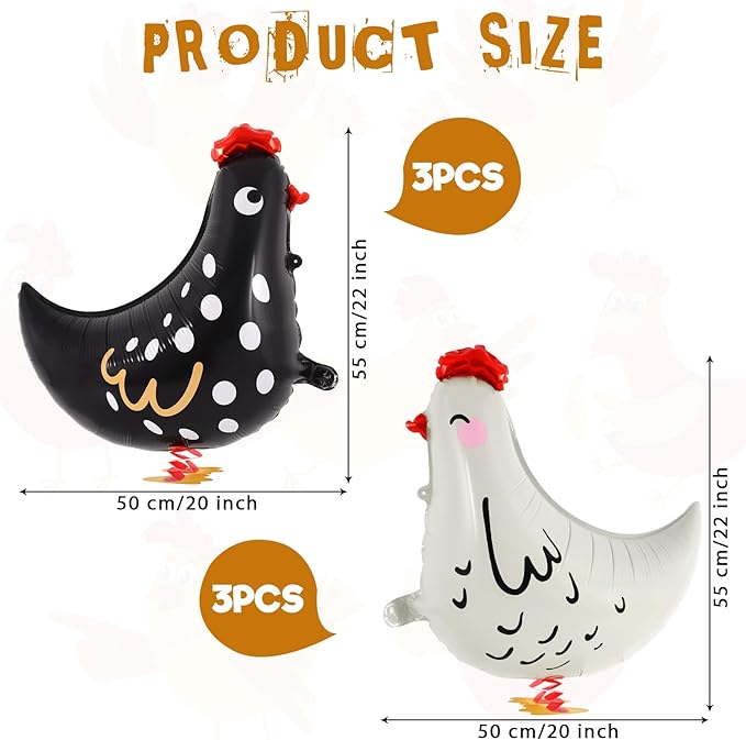 6 PCS Walking Chicken Balloons, Aluminum Foil Chicken Party Decorations White and Black Chicken Walking Balloons for Birthday Baby Shower Farm Animal Theme Party, 20 Inch