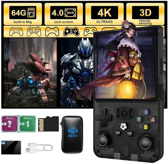 R36Max Retro Handheld Game Console,4-inch IPS OCA HD MIPI Screen, Open Source Linux System and 20000+ Games, Built-in 64GB TF Card Portable Video Gaming Console. (Black)