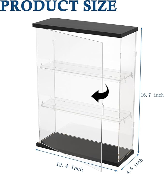 DuvinDD Acrylic Display Case for Collectibles with LED Light Top, 3-Shelves Clear Figure Display Case with Door, Dustproof Hot Wheels Display Case Storage Box Black(12.4x4.5x16.7inch)
