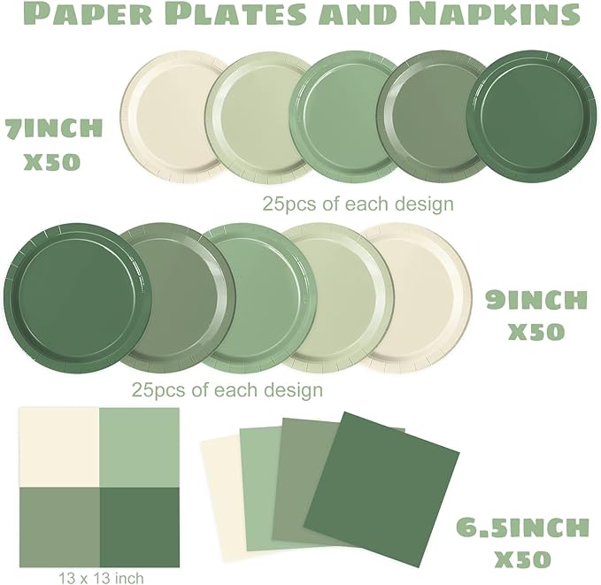Oigco 150 PCS Sage Green Paper Plates, Sage Green Birthday Decorations, Disposable Plates and Napkins for Birthday Wedding Bridal Baby Shower Party Supplies, Serves 50