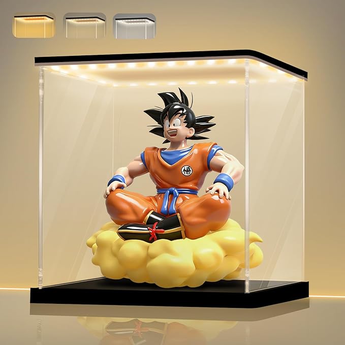 LANSCOERY Acrylic Display Case with Adjustable Yellow/White/Warm LED Light, UV Protection Clear Display Box, Dustproof Showcase for Action Figures, Models, Collectibles - 11.8x11.8x11.8inch