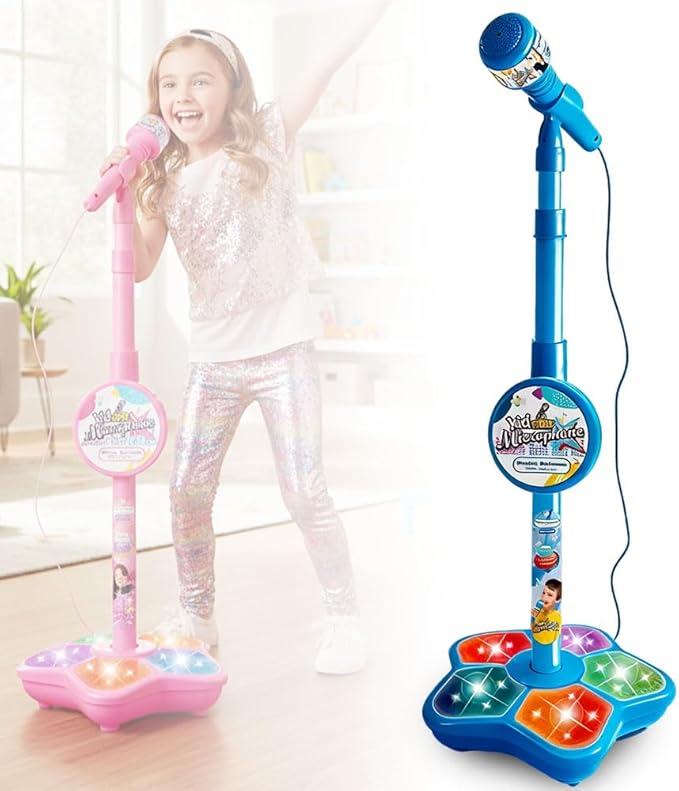 Microphone with Stand, 2026 New All in One Microphone Toy, Colorful Lights with Adjustable Height for Birthday Parties Singing (Blue)