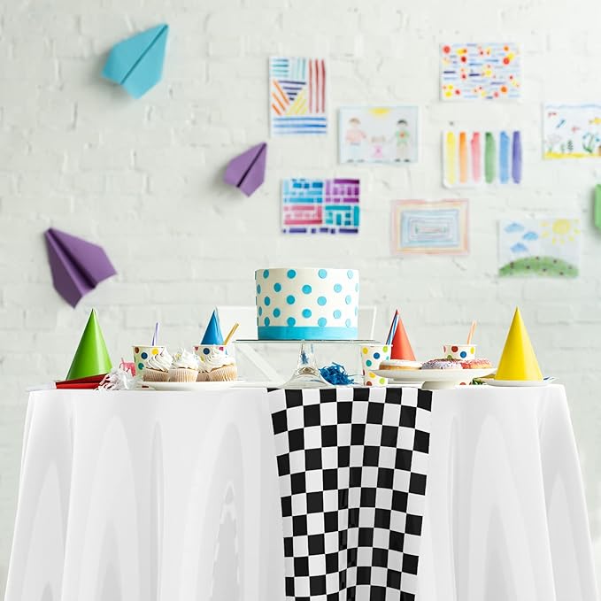 Oudain 3 Pcs Cars Birthday Party Supplies Racing Party Decorations Round Racing Tablecloth Checkered Flag Table Covers Road Plastic Table Cloth, 1950s Disco Dancing Party Tablecloth (White)