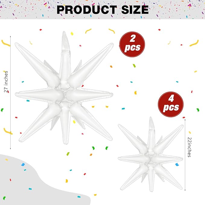 6 Pcs White Star Foil Balloons One-Piece 14-Pointed Star Balloon 4D Starburst Cone Mylar Balloon 22inch Christmas Birthday Wedding Wedding Anniversary Party Supplies (22&27 Inches White)