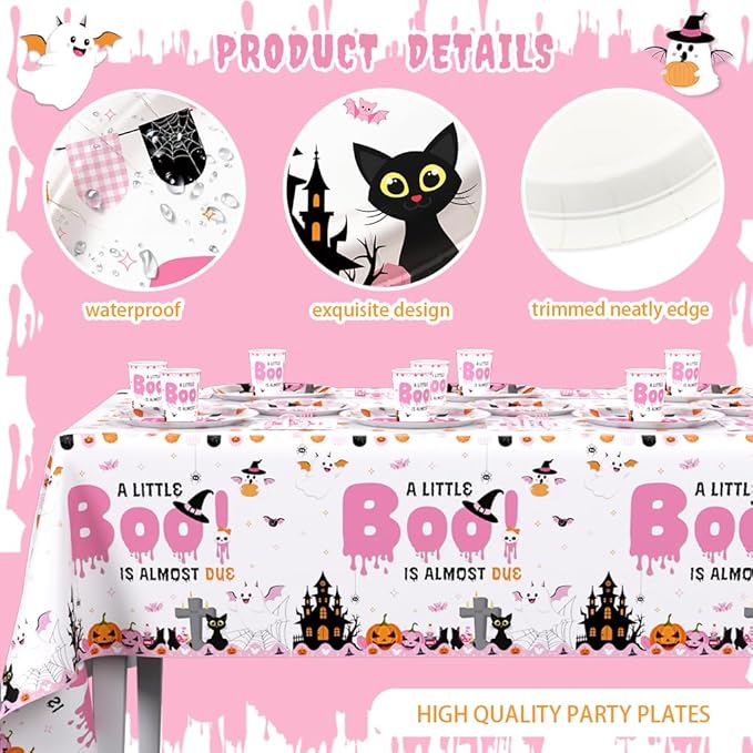 194Pcs Halloween Baby Shower Decorations for Girl A Little Boo is Almost Due Baby Shower Party Plates, Cup, Napkin, Tablecloth, Tableware, Halloween Themed Party Supplies Plates Serve 24 Guests