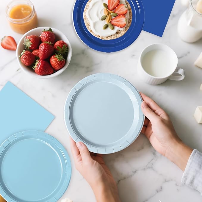 Oigco 150 PCS Blue Paper Plates, Light Blue Plates and Napkins Party Supplies for Wedding Baby Shower Bridal Party Supplies Tableware Decor, Serves 50