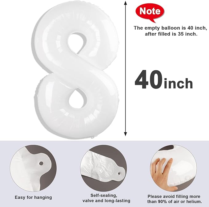 40 Inch Number 8 Balloon, White 8 18 28 80 Birthday Balloons for Men Boys, 8th Birthday Decorations Party Supplies, Wedding, Graduations