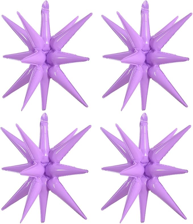 TONIFUL 4 Pcs 22inch 4D Light Purple Explosion Star Mylar Balloons 14Point Star Balloons for Party Backdrop Christmas,New Year Birthday, Wedding Baby Shower Anniversary Photo Booth Supplies