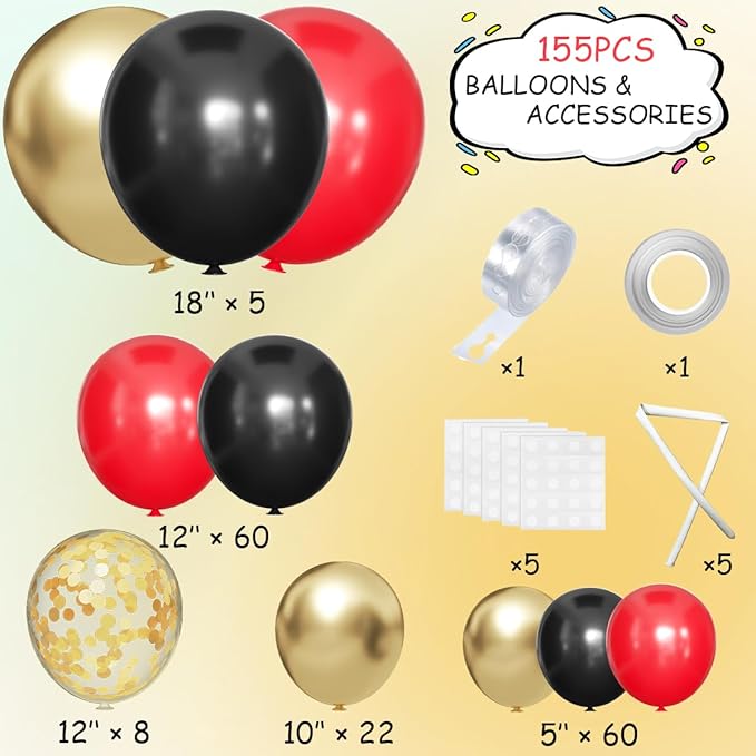 155Pcs Red Black Gold balloons Garland Arch Kit with Gold Confetti Balloons for Graduation Anniversary Casino Night Hollywood New Years Movie Night Birthday Decorations