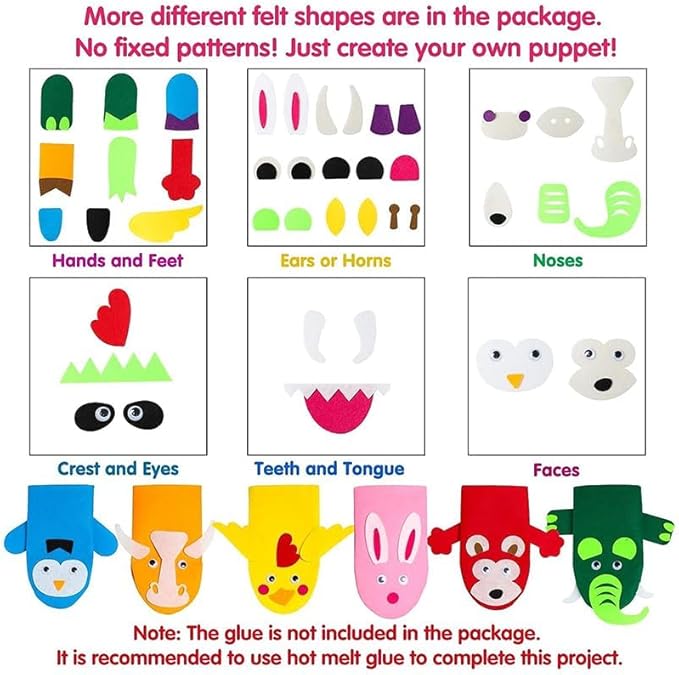 WATINC 12Pcs Hand Puppet Making Kit for Kids Art Craft Felt Sock Puppet Toys Creative DIY Make Your Own Puppets Pompoms Storytelling Role Play Party Supplies for Girls Boys