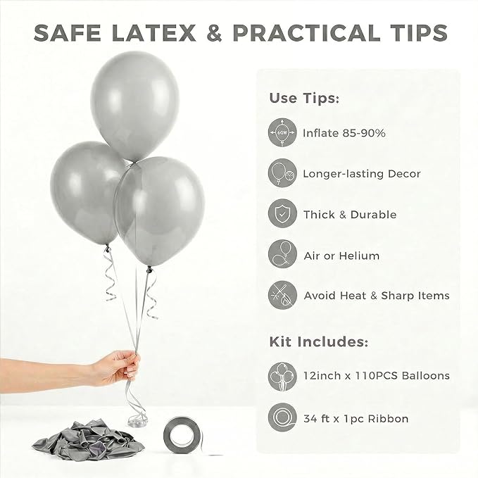 LovesTown 110PCS Silver Balloons, Silver Latex Balloon for Birthday Baby Shower Graduation Engagement Anniversary Wedding Party Supplies Garland Arch Decoration,12 Inches