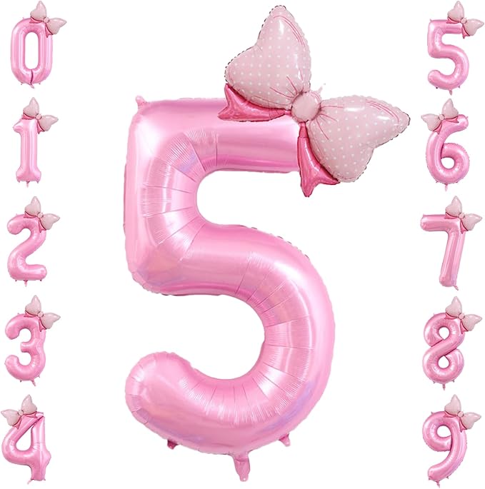 40 inch Number 5 Balloon with Bow Pink Happy Birthday Jumbo Number Balloon for Girls Daughter Birthday Decorations Party Supplies (Number 5)
