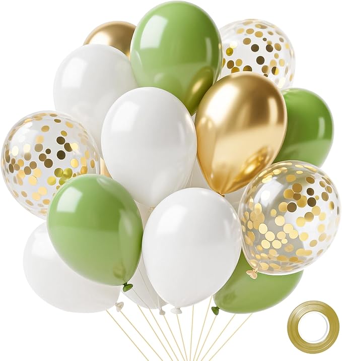 Sage Green Balloons, 14pcs 12inch Sage Green White Metallic Gold Confetti Balloons with Number 40 Printed for Men Women Boho 40th Birthday Wedding Bridal Baby Shower Party Decorations