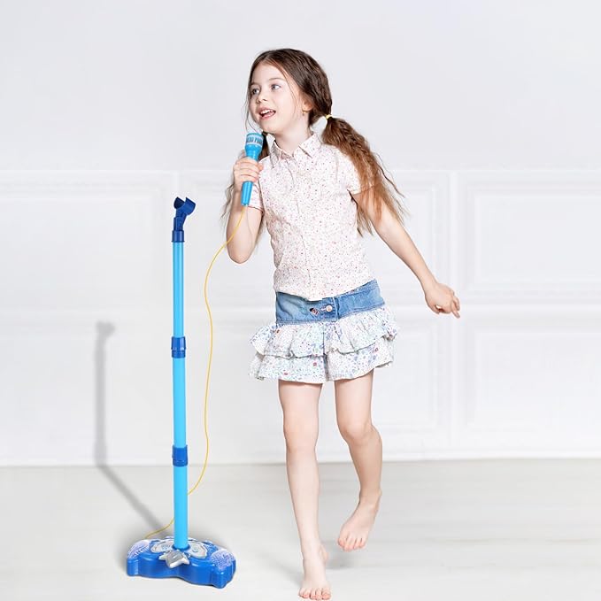 Musical Toys Karaoke Machine for Kids with Adjustable Stand and Microphones,Music Sing Microphone Toy with Flashing Stage Lights(Blue,Without Battery)