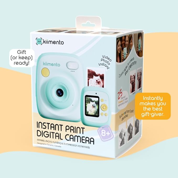 kiimento Instant Print Digital Camera, Ink-Free Thermal Printing with 4 Color-Themed Paper Options, 2.4” HD Screen, Selfie Lens, 48MP Photo, 1080p Video, 32GB Memory Card – Model P2 (Mint)