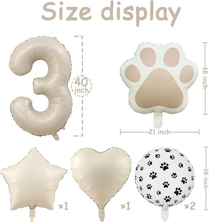 3rd Birthday Dog Paw Balloons Set,18'' Paw Prints, Heart,Star,Paw Shaped Foil Balloon 40 Inch Cream Number 3 Helium balloons for Puppy Themed Third Anniversary Birthday Party Decorations Supplies 6PCS
