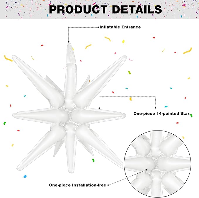 6 Pcs White Star Foil Balloons One-Piece 14-Pointed Star Balloon 4D Starburst Cone Mylar Balloon 22inch Christmas Birthday Wedding Wedding Anniversary Party Supplies (22&27 Inches White)