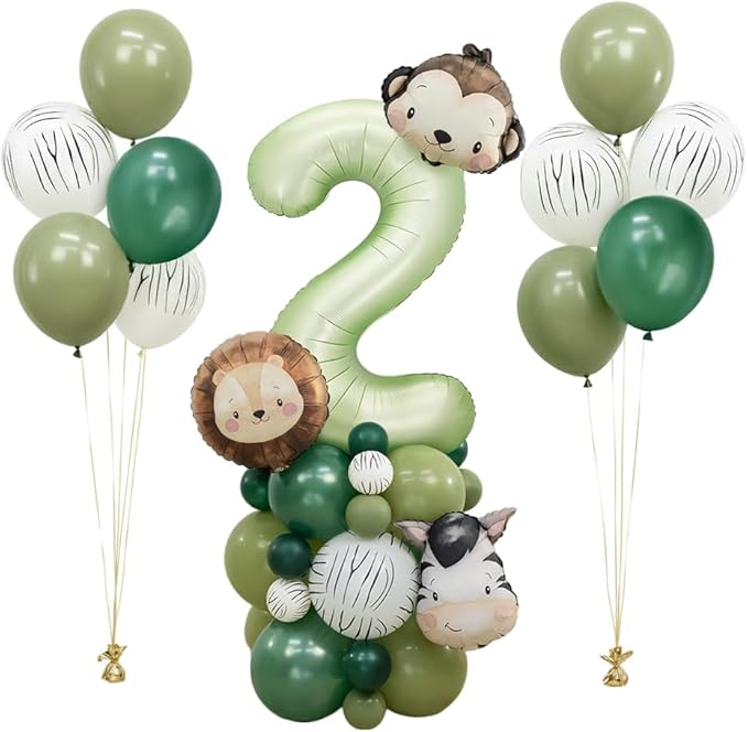 Jungle Safari Birthday Balloons,Olive Green Animal Balloons Zoo Theme Decoration for Safari Birthday Wedding Shower Party Decorations (Number 2)
