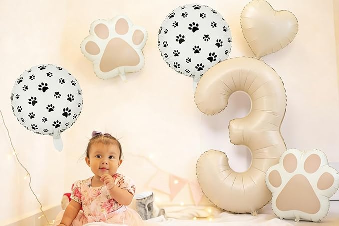 3rd Birthday Dog Paw Balloons Set,18'' Paw Prints, Heart,Star,Paw Shaped Foil Balloon 40 Inch Cream Number 3 Helium balloons for Puppy Themed Third Anniversary Birthday Party Decorations Supplies 6PCS