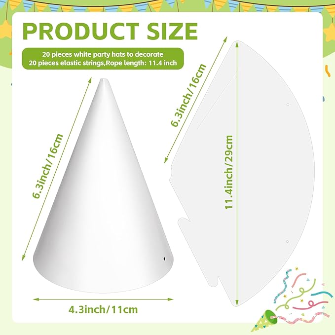 White Paper Party Hats for Kids Birthday,Decorative Bulk Cone Crafts for Adults Art DIY, Halloween Supplies（20/40/60）