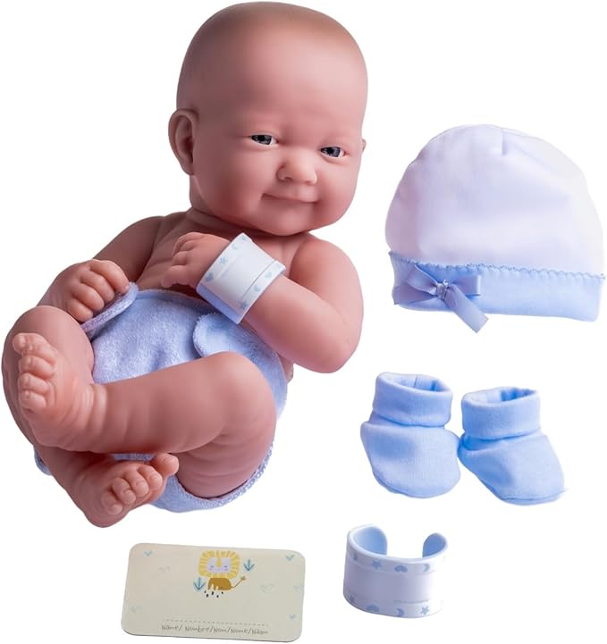 8 piece Layette Baby Doll Gift Set | JC Toys - La Newborn Nursery | 14" Life-Like Smiling Doll w/ Accessories | Blue | Ages 2+
