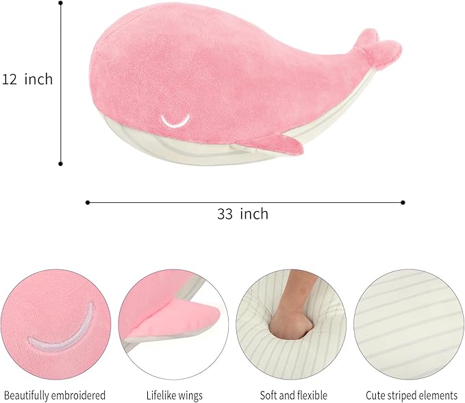 MUPI Whale Stuffed Animals Plush Pillow 4 Size Cute Soft Cotton Plushies Pillows Kawaii Blue Whale Toy Gifts for Kids Boys Girls Adults (Pink, 33 Inch)
