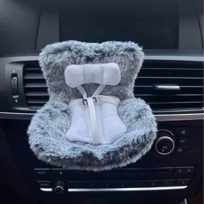 Doll Car Seat for 3–8 inch Figures, Fits Character Plushes, Blind Box Dolls & Vinyl Collectibles, Includes Air Vent Clip & Desktop Stand, Cute Car Ornament for Collectors (Grey)