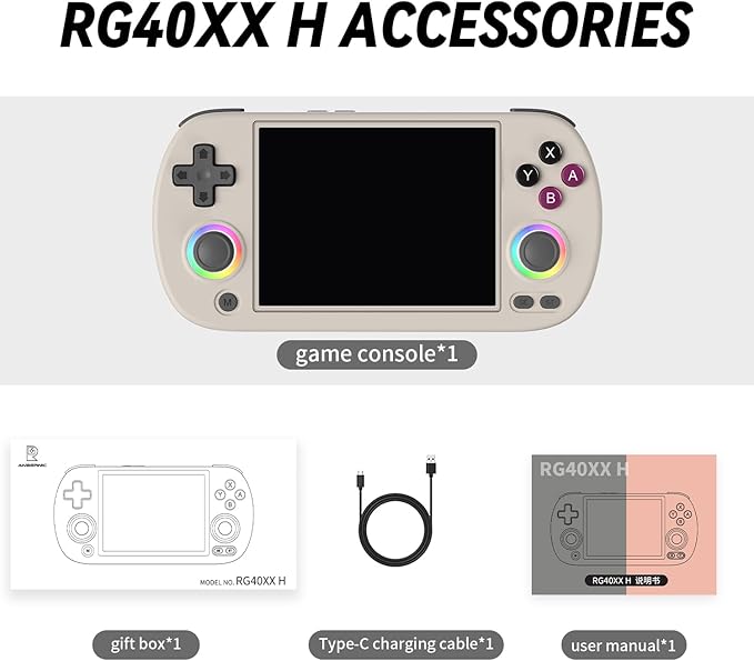 RG40XX H Retro Handheld Game Console 4-inch 640*480 IPS Screen 3200mAh Built-in 64G TF Card Supports Multiple Simulators Linux System with Screen Protector (Gery-64G)