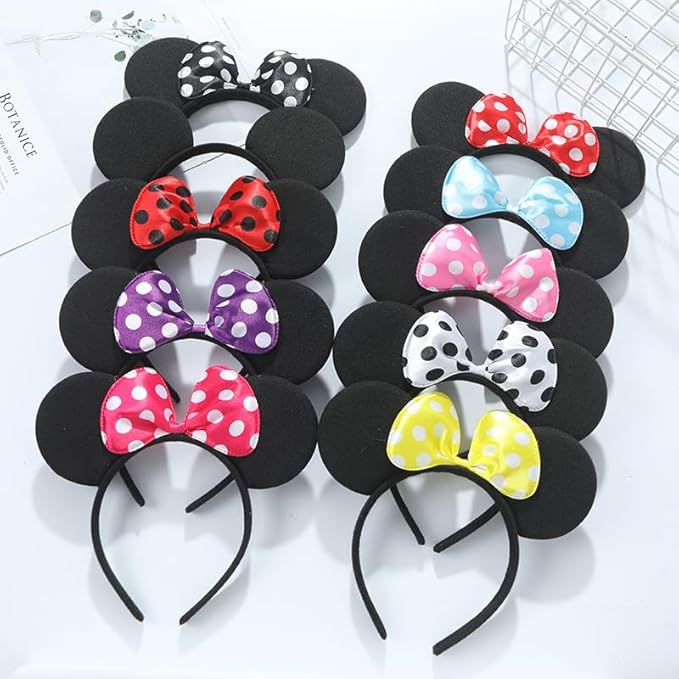 24 Pcs Mouse Costume Deluxe Fabric Ears Headband White Polka Dots Bow Party Headwear Decorations