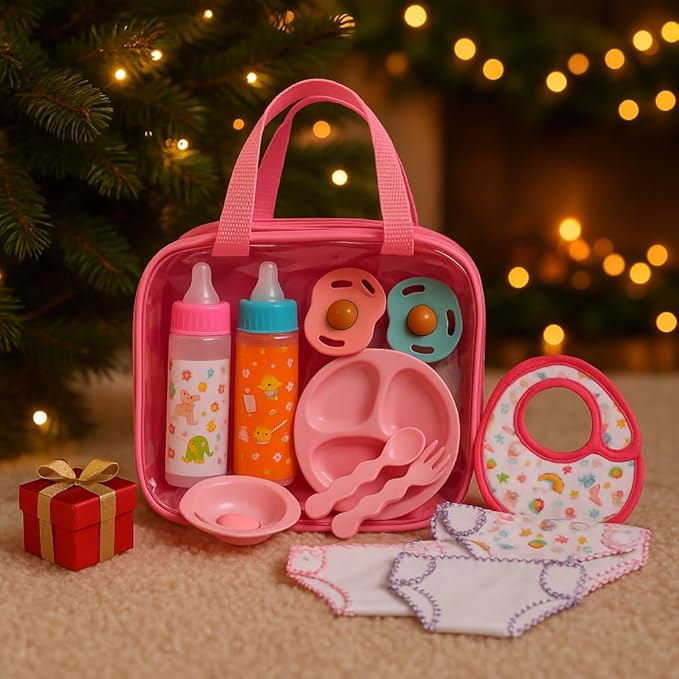 My Sweet Baby 13-Piece Doll Feeding & Diaper Bag Set – Disappearing Milk Bottles, Bibs, Pacifiers, Diapers & Accessories Set – Pretend Play Baby Doll Care Kit for Girls – Fits 12–18″ Dolls
