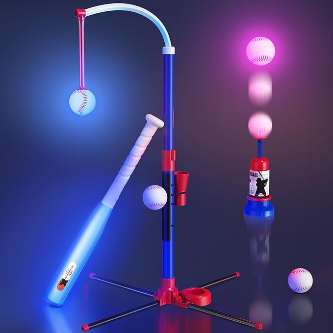 3-in-1 LED Baseball Set for Kids 3-5 - Tee Ball Stand, Hanging Tee, Ball Launcher and 4 Softballs - Adjustable Height, Indoor/Outdoor Sport Gifts for Boys Girls, Blue