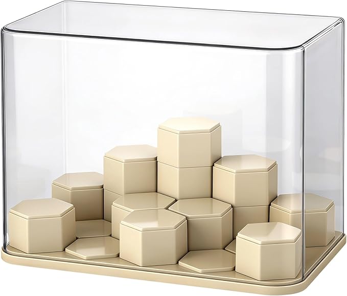 DIY Stackable Figure Display Case, Acrylic Display Box with 14 Movable Hexagonal Blocks, Large Dustproof Showcase Box, Clear Display Cabinet for Collectibles Action Figures Miniatures