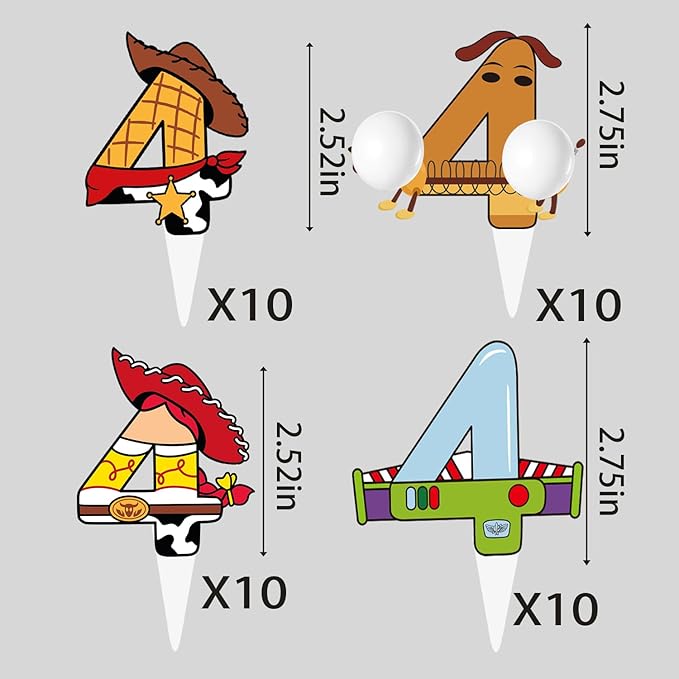 40pcs Cartoon Story Cupcake Toppers 4th Birthday for Boys Girls 4th Birthday Party Supplies Decorations