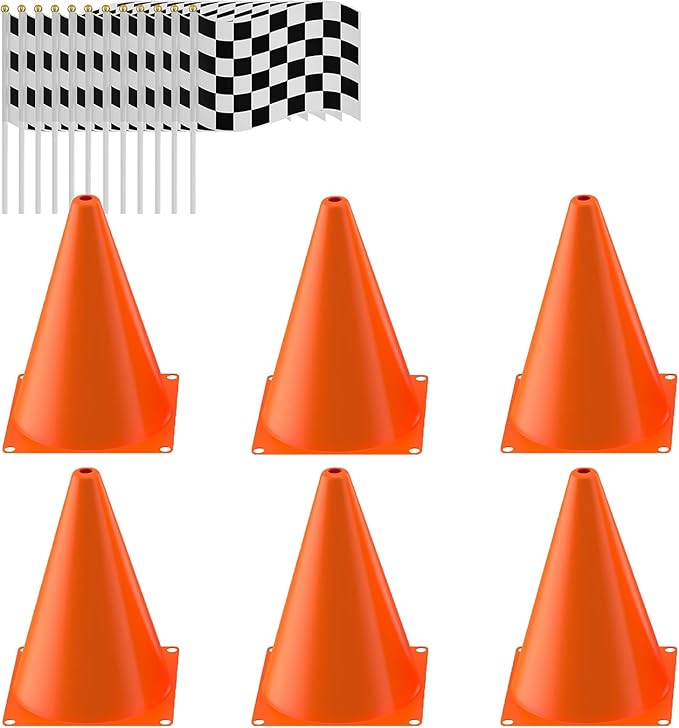 Traffic Cones with Racing Checkered Flags-6 Traffic Cones With Hole on Top, 12 Checkered Flags, Race Car Birthday Party Supplies, Table Centerpiece Decorations, Kids Gift (18PCS)