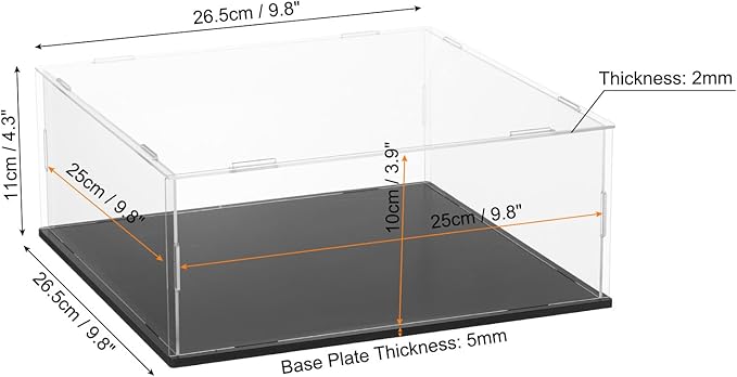 uxcell Acrylic Clear Display Case for Collectibles Self-Assemble Display Boxes with Black Base Dustproof Countertop Storage Box for Collectibles Action Figures, 9.8 x 9.8 x 3.9 Inch