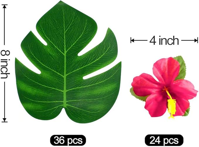 60Pcs Tropical Party Decorations Supplies Tropical Palm Leaves Hibiscus Flower Simulation Artificial Leaf for Hawaiian Luau Safari Party Jungle Beach Theme BBQ Birthday Parties Decorations Table Decor