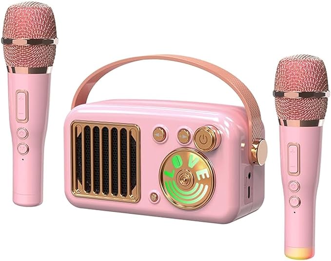 Cyboris Karaoke Machine for Kids Adults, 15W Mini Handheld Portable Bluetooth Speaker &2 Wireless Microphone& Lights,9H Playtime,AUX&TF-Card Input,Bluetooth 5.3, Birthday Gifts for Girls Boys (Pink)