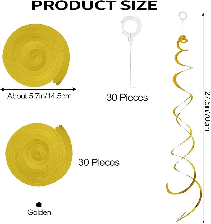 30 Pieces Hanging Swirl Party Decorations Foil Decorations Ceiling Swirl Spiral Hanging Plastic Streamer for Ceiling Birthday Graduation Wedding Celebration Baby Shower Party Supply (Gold)