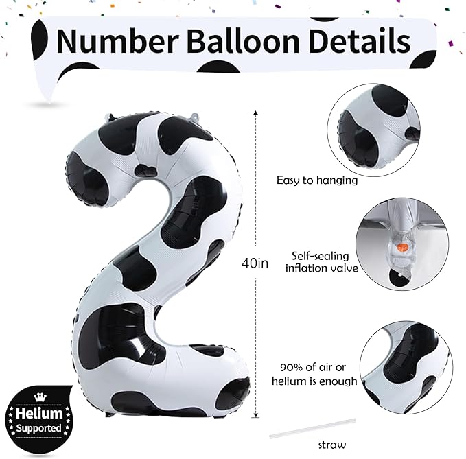 Cow Print Birthday Number Balloons, 40 Inch Large Foil Number 2 Self Inflating Balloons for Girls Boys 2nd Birthday Party Decor Baby Shower Cowboy Cowgirl Farm Animal Theme Party Decorations Supplies