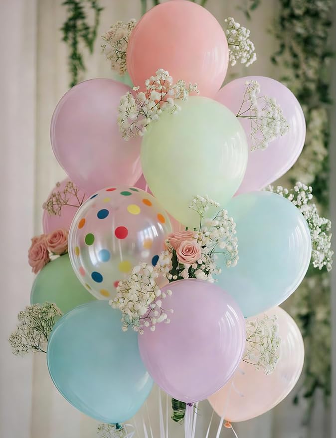 Pastel Balloons, 50PCS 12 Inch Easter Balloons with Clear Polka Dot Balloon, Macaron Pink, Blue, Green, Purple & Yellow for Birthday, Baby Shower & Spring Party Decorations