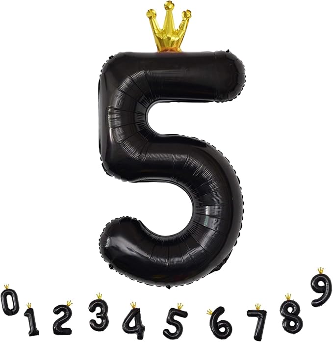 40 Inch Black 5 Number Balloons for Kids, Giant Foil 5th Birthday Number Balloon, Crown Self Inflating Balloons 0-9 Set for Girls Boys 15th Birthday Party Decor Anniversary Decorations Boys Supplies