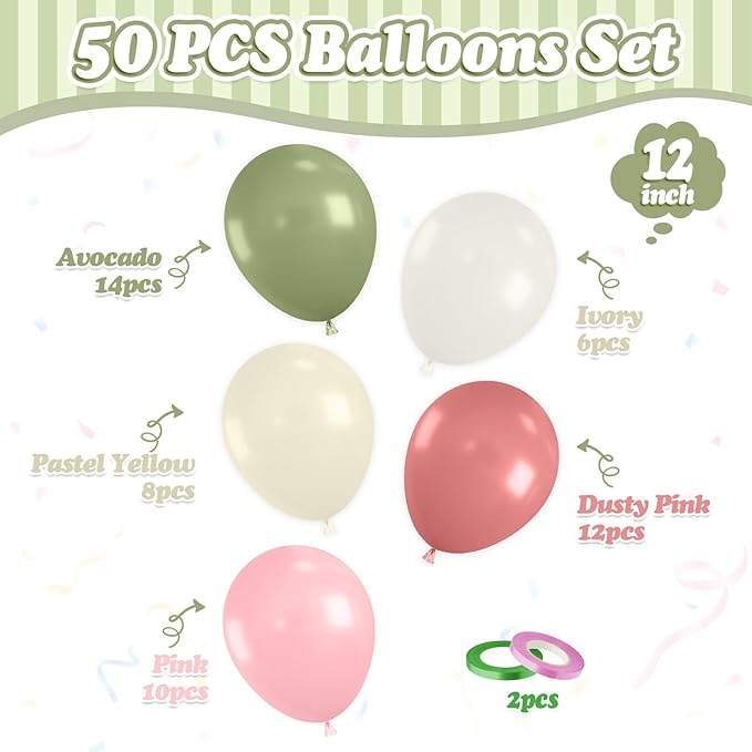FunHot Sage Green Pink Balloons, 50 Pcs Pink and Green Balloon, 12 Inch Light Yellow Ivory Latex Balloons for Girls Baby Shower Birthday Boho Wedding Gender Reveal Jungle Spring Party Decorations