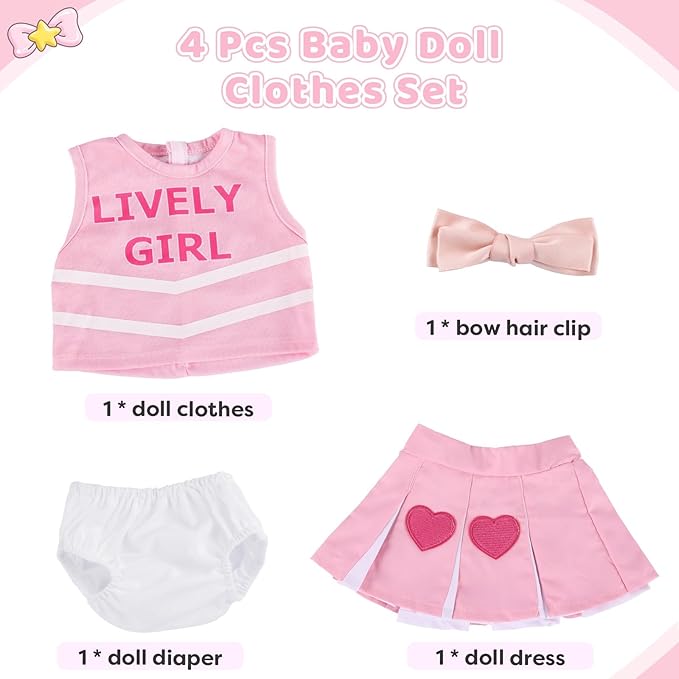BABESIDE 4 Pcs Reborn Baby Doll Clothes Set for 17-22 Inch Dolls Girl, Heart Pattern Babydoll Skirt with Bow Hair Clip and Diaper fit Realistic Baby Doll Accessories , Pink
