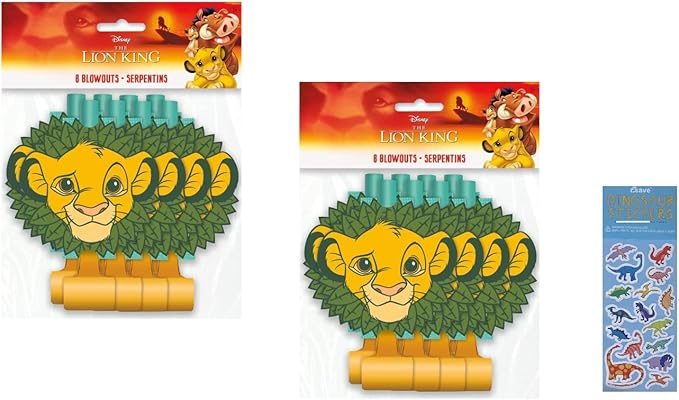 Unique Lion King Birthday Baby Party Supplies Bundle Pack includes 16 Party Blowouts and 1 Dinosaur Sticker Sheet