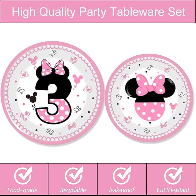 80 Pcs Pink 3rd Birthday Party Tableware Pink Wild Three Paper Plates Napkins Forks for Girls Three Years Old Birthday Party Supplies Decorations