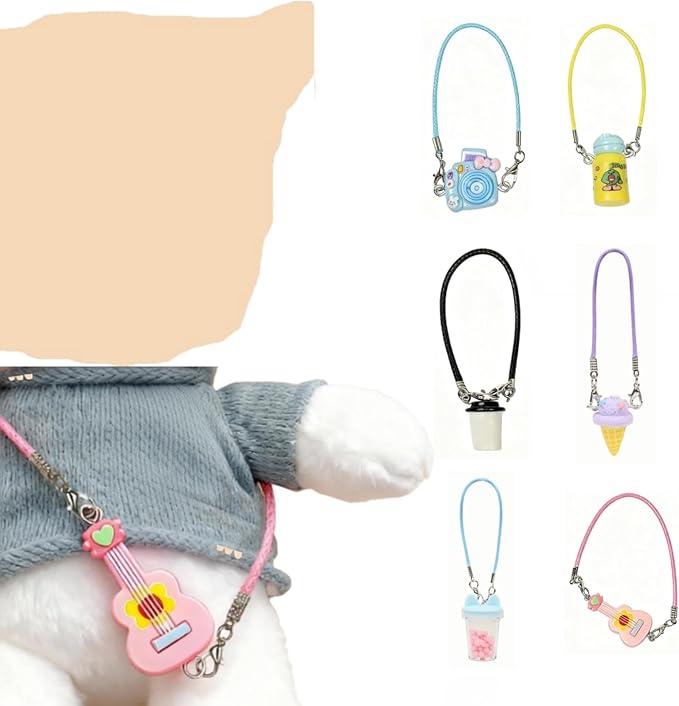 6.7inch/17cm Doll Accessories Set, for Labubu Doll Mini Accessories Outfits Set, Includes Mini Coffee Cup, Guitar, Cat Ear Cup, Ice Cream, Camera, Water Bottle, Accessory Package 6Pcs(No Doll)