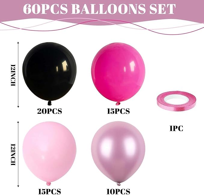Pink and Black Balloons, 60PCS Hot Pink Black Balloon Set, 12Inch Pastel Light Rosa and Metallic Latex Balloons for Girls Women Princess Birthday Bachelorette Baby Shower Beauty Party Decorations