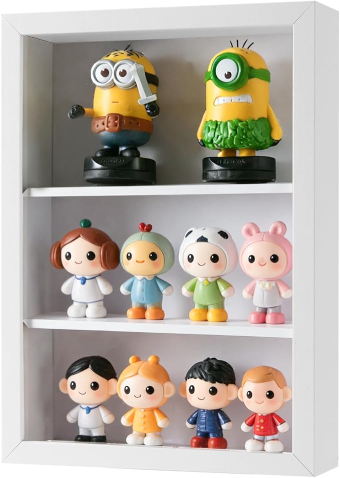 Small Display Case for Mini Figurines, Blind Box Toys | 2" Deep Shadow Box with Adjustable Shelves Tension-Fit DIY | Wall or Tabletop Stage for Small Collectibles, Funko Minis, Mini-Funko | White